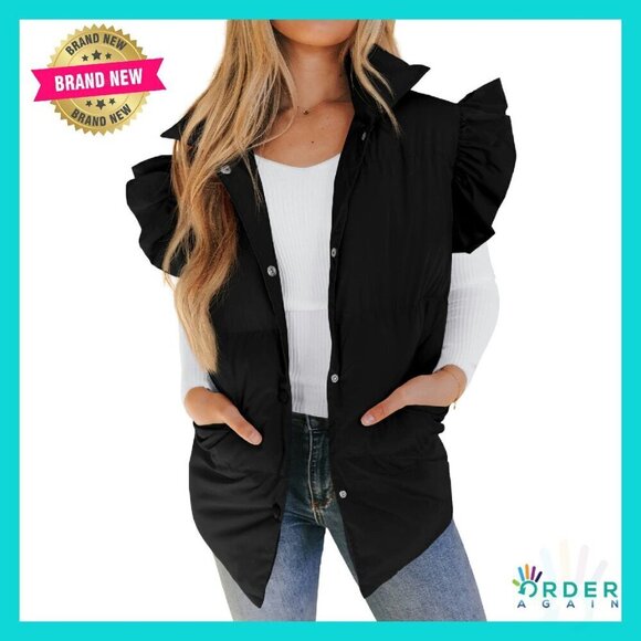 Jackets & Blazers - Ruffle Sleeve Puffer Vest Button Down Padded Gilet Chic Winter Outerwear